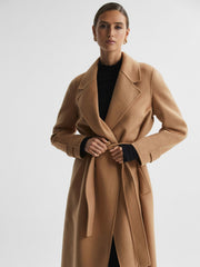 Reiss | Wool Blend Belted Blindseam Coat in Camel