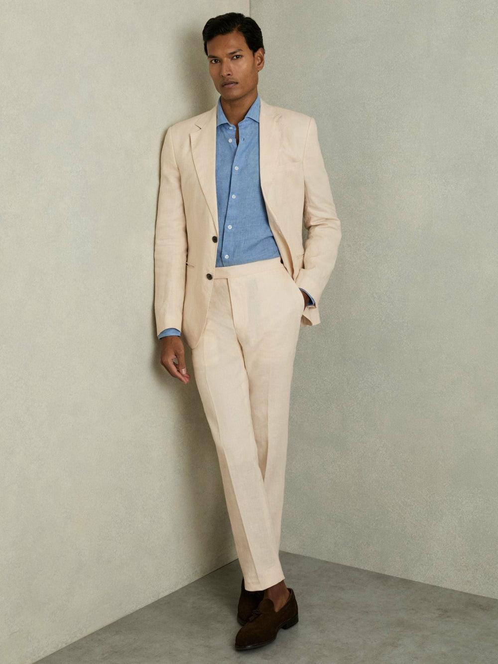 Reiss | Slim Fit Linen Adjuster Trousers in Stone