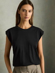 Reiss | Cotton Capped Sleeve T-Shirt in Black