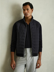 Reiss | Hybrid Quilt and Knit Zip-Through Gilet in Navy