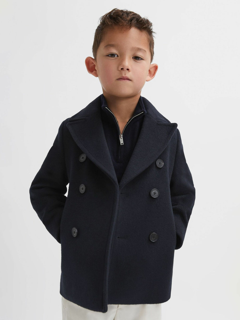 Reiss | 9-13 yrs Wool Blend Twill Double Breasted Coat in Navy