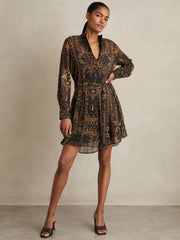 Reiss | Botanical-Print Chiffon Mini Dress in Navy