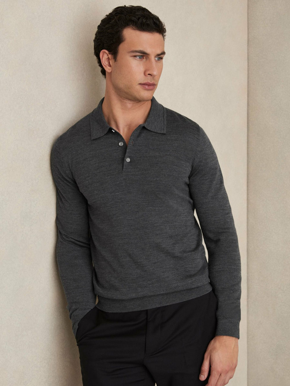 Reiss | Merino Wool Polo Shirt in Derby Grey Marl