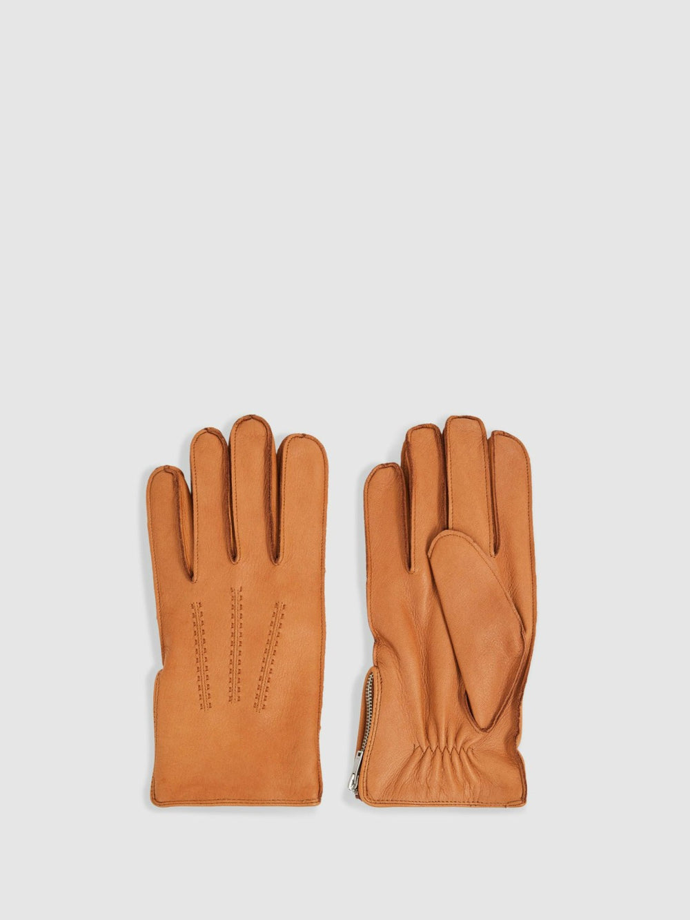 Reiss | Leather Zip-Side Gloves in Tan