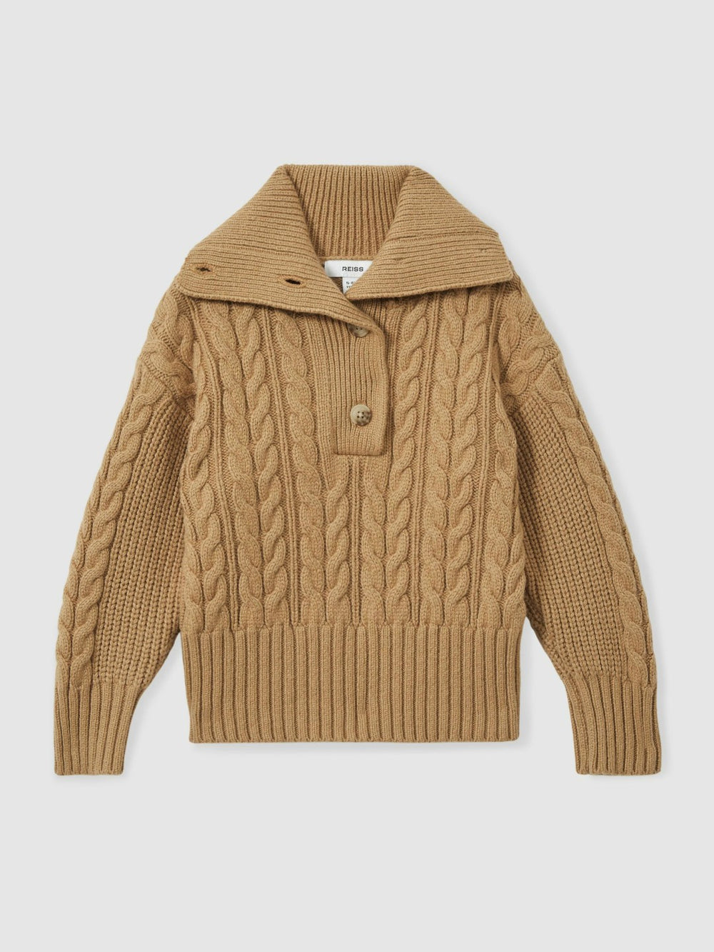 Reiss | 13-14 yrs Cotton-Blend Open-Collar Cable-Knit Jumper With Wool in Camel
