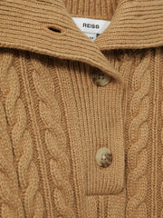 Reiss | 13-14 yrs Cotton-Blend Open-Collar Cable-Knit Jumper With Wool in Camel