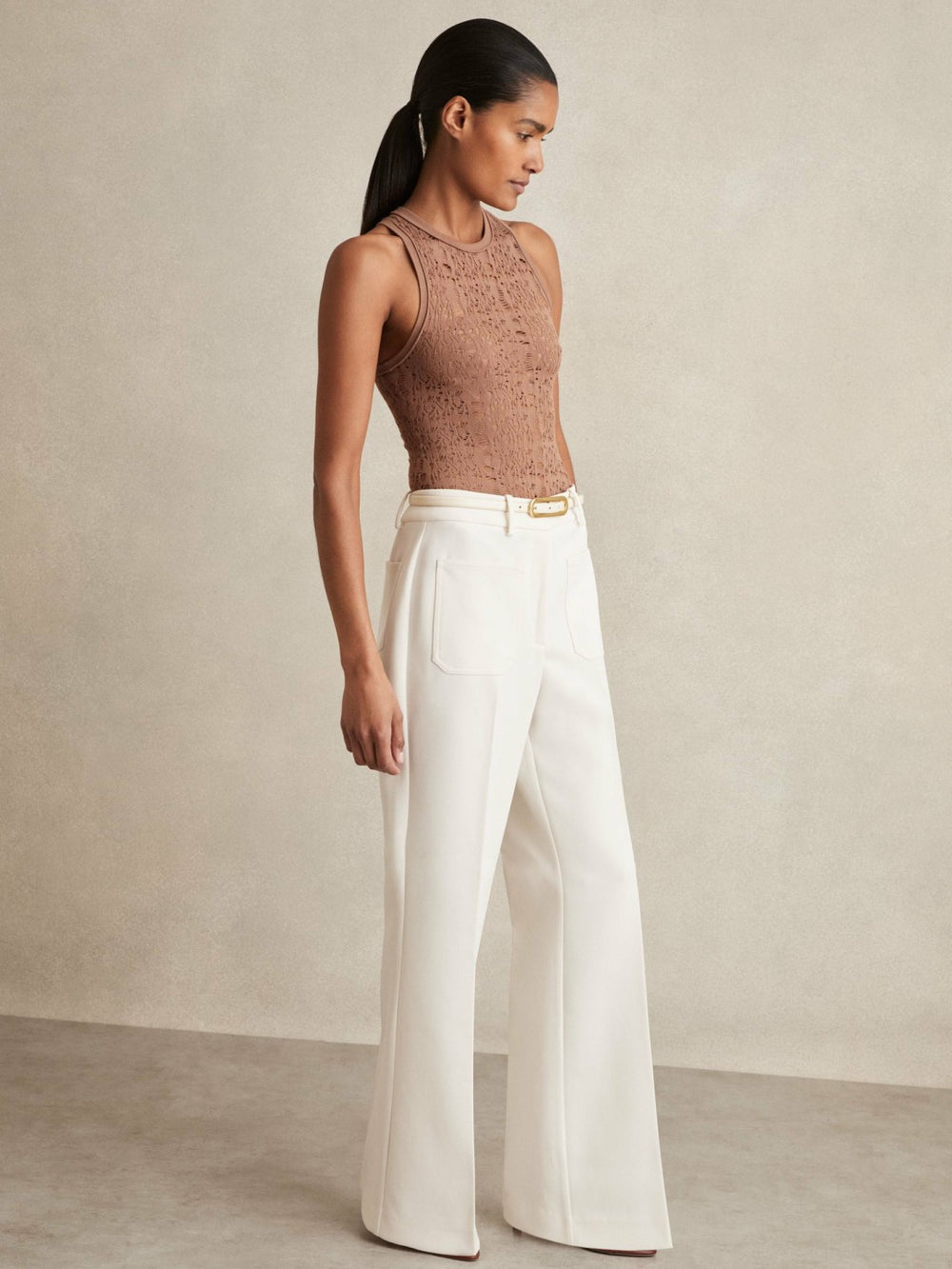 Reiss | Twill Patch-Pocket Flared Trousers in Cream