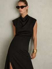 Reiss | Twill-Jersey Draped Midi Dress in Black