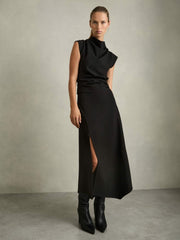 Reiss | Twill-Jersey Draped Midi Dress in Black