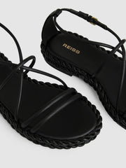 Reiss | Leather Braided Flat Sandals in Black