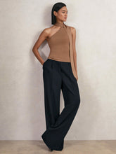 Reiss | Petite Elasticated-Waist Wide-Leg Twill Trousers in Navy