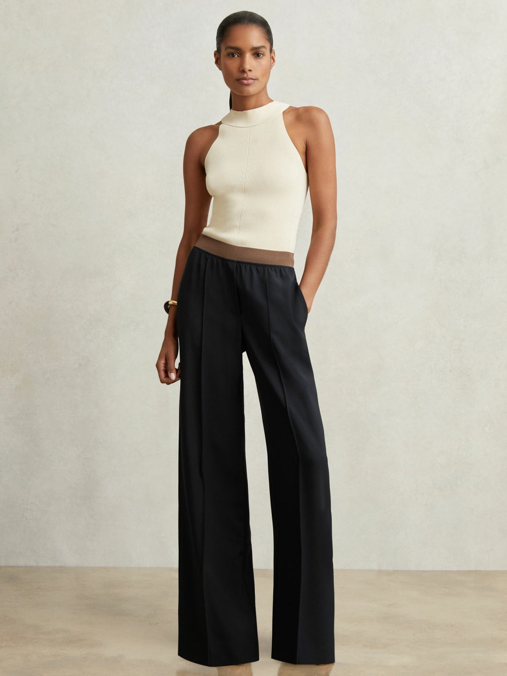 Reiss | Elasticated-Waist Wide-Leg Twill Trousers in Navy