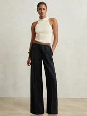 Reiss | Elasticated-Waist Wide-Leg Twill Trousers in Navy