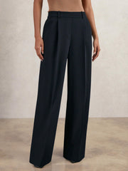 Reiss | Elasticated-Waist Wide-Leg Twill Trousers in Navy