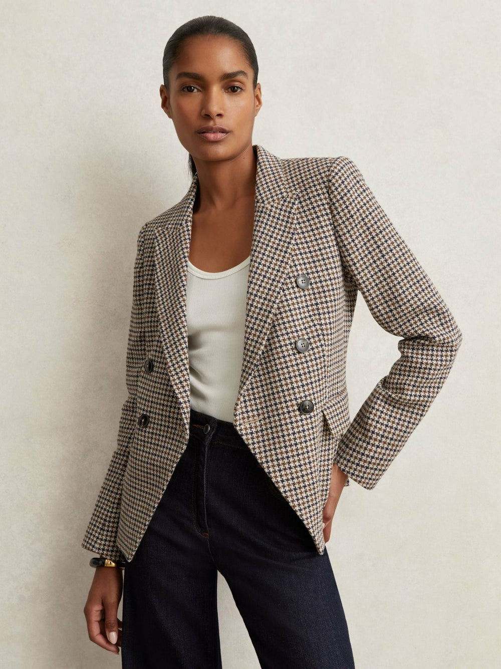 Reiss | Cotton-Linen Double-Breasted Houndstooth-Check Blazer in Navy Neutral Check