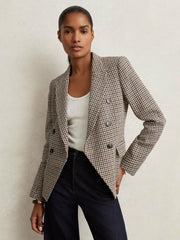 Reiss | Cotton-Linen Double-Breasted Houndstooth-Check Blazer in Navy Neutral Check