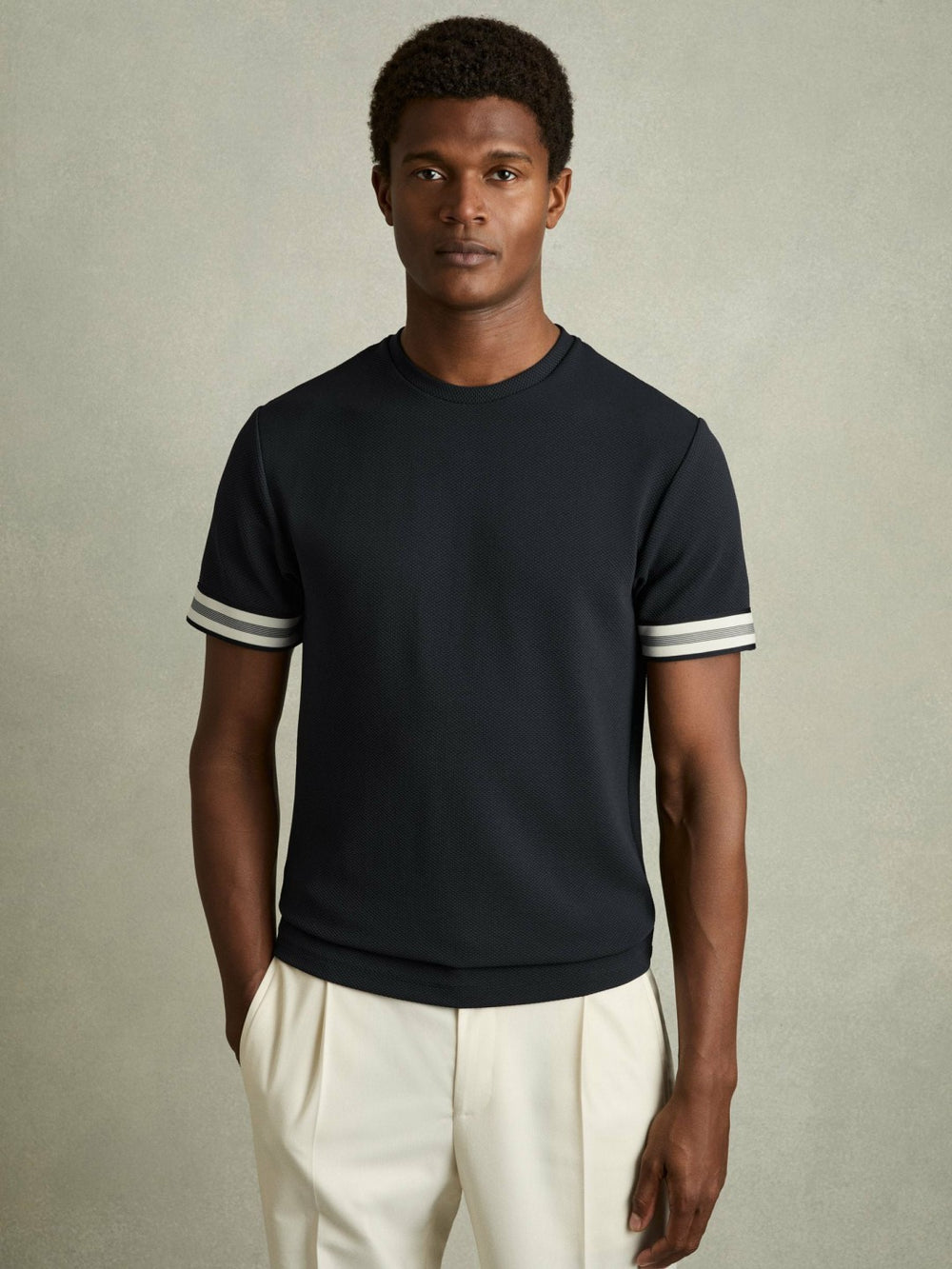 Reiss | Tape-Cuff Textured T-Shirt in Navy