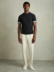 Reiss | Tape-Cuff Textured T-Shirt in Navy