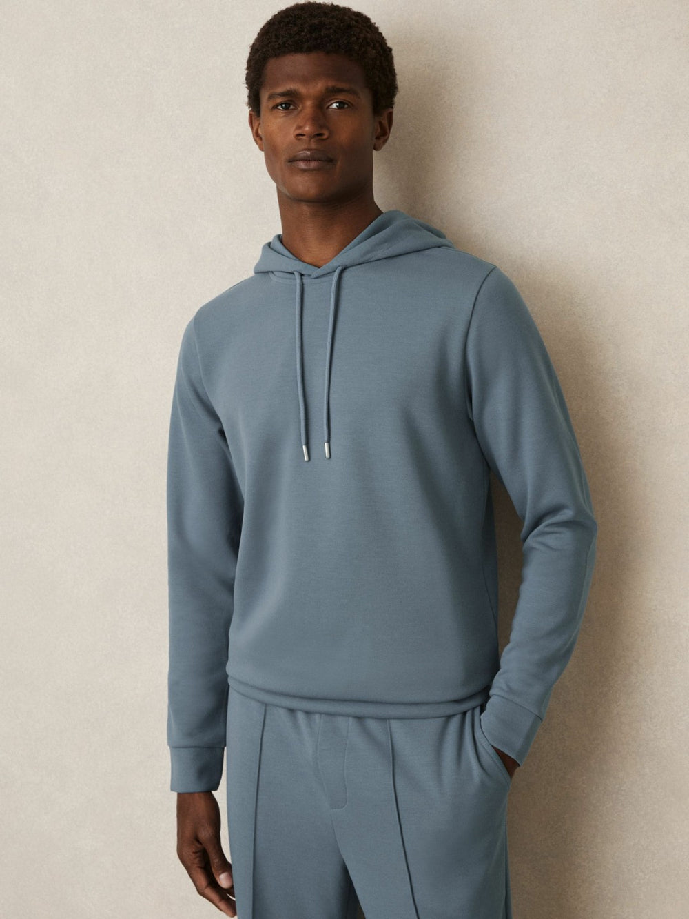 Reiss | Interlock Jersey Drawstring Hoodie in Airforce Blue