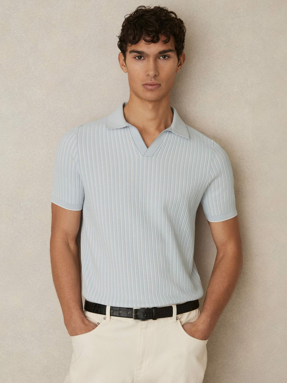 Reiss | Open-Collar Textured Polo Shirt in Soft Blue/White