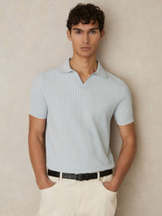 Reiss | Open-Collar Textured Polo Shirt in Soft Blue/White