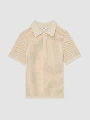 Reiss | Cotton-Blend Open-Knit Polo Shirt in Ivory