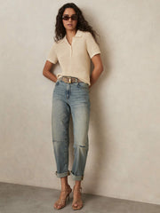 Reiss | Cotton-Blend Open-Knit Polo Shirt in Ivory