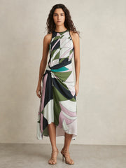 Reiss | Geometric-Print Gathered Midi Dress in Green