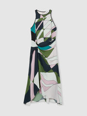 Reiss | Geometric-Print Gathered Midi Dress in Green