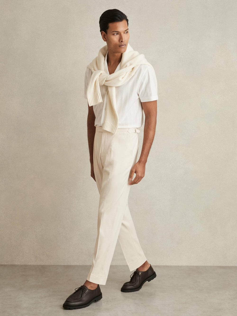 Reiss | Cotton-Blend Tapered Trousers in Stone