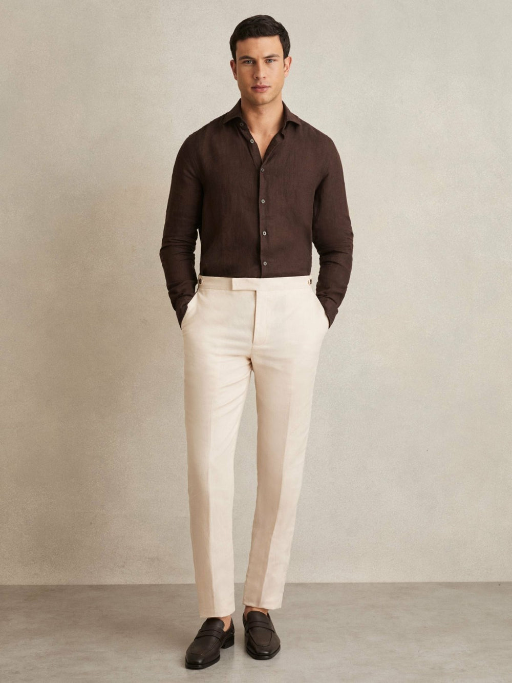 Reiss | Linen Button-Through Shirt in Dark Brown