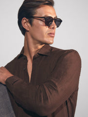 Reiss | Linen Button-Through Shirt in Dark Brown