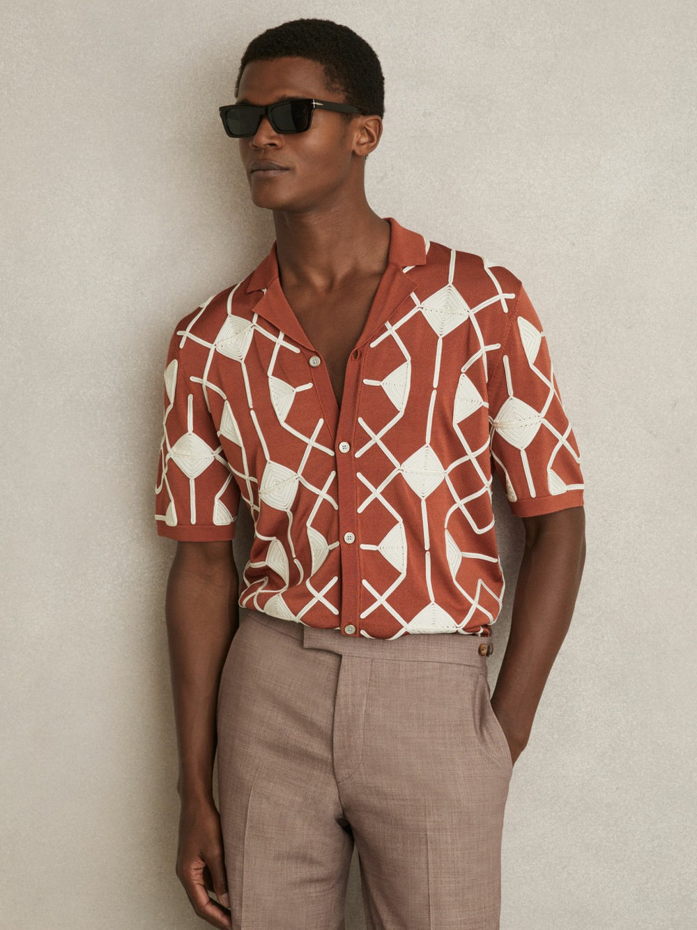 Reiss | Geometric Embroidery Knit Shirt in Paprika Red
