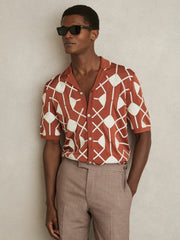 Reiss | Geometric Embroidery Knit Shirt in Paprika Red