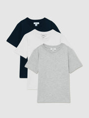 Reiss | 3-9 yrs Cotton Crew-Neck T-Shirts 3 Pack in White/Navy/Soft Grey