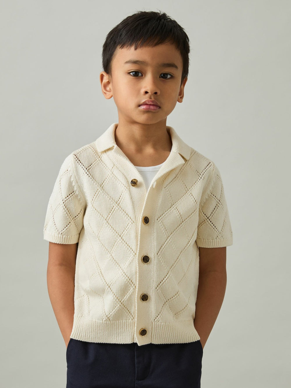 Reiss | 3-9 yrs Cotton Blend Diamond Knit Shirt in Off White
