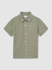 Reiss | 3-9 yrs Short Sleeve Linen Shirt in Thyme Green