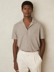 Reiss | Cotton Textured Cuban-Collar Shirt in Mink Brown