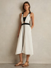 Reiss | Contrast Trim Flared Midi Dress With Linen in Ivory/Black