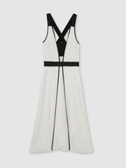 Reiss | Contrast Trim Flared Midi Dress With Linen in Ivory/Black
