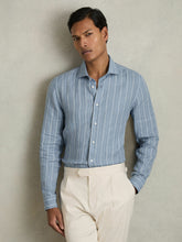 Reiss | Linen Striped Long Sleeve Shirt in Airforce Blue/White Bengal Stripe