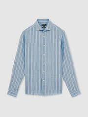 Reiss | Linen Striped Long Sleeve Shirt in Airforce Blue/White Bengal Stripe