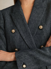 Reiss | Linen-Cotton Double-Breasted Blazer in Navy