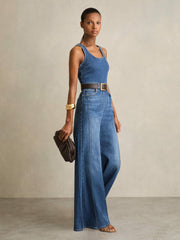 Reiss | Wide-Leg Racer-Back Denim Jumpsuit in Indigo