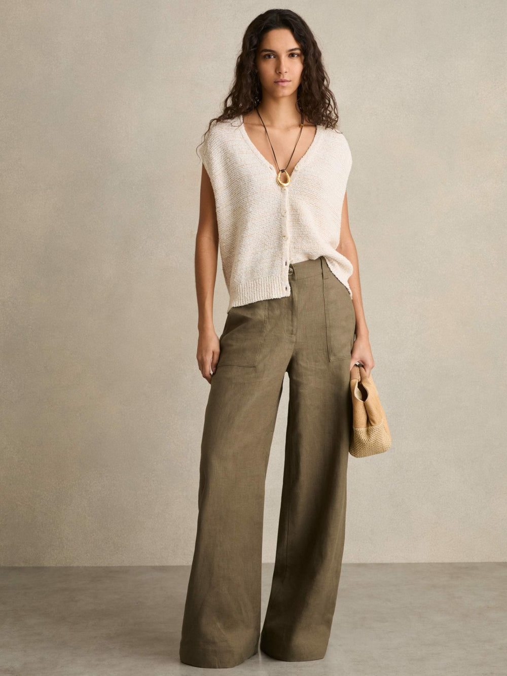 Reiss | Linen Wide Leg Trousers in Khaki