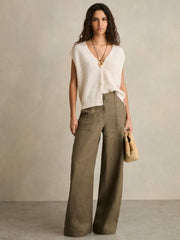 Reiss | Linen Wide Leg Trousers in Khaki