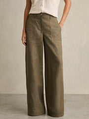 Reiss | Petite Linen Wide Leg Trousers in Khaki