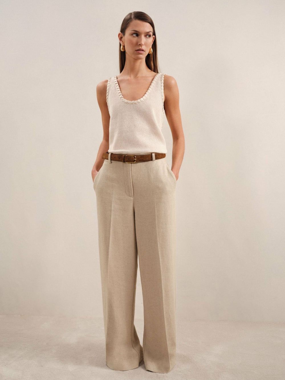 Reiss | Petite Linen-Blend Wide-Leg Trousers in Neutral