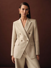 Reiss | Linen-Blend Double-Breasted Suit Jacket in Neutral