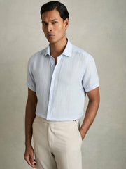Reiss | Slim Fit Linen Button-Through Shirt in Pale Blue